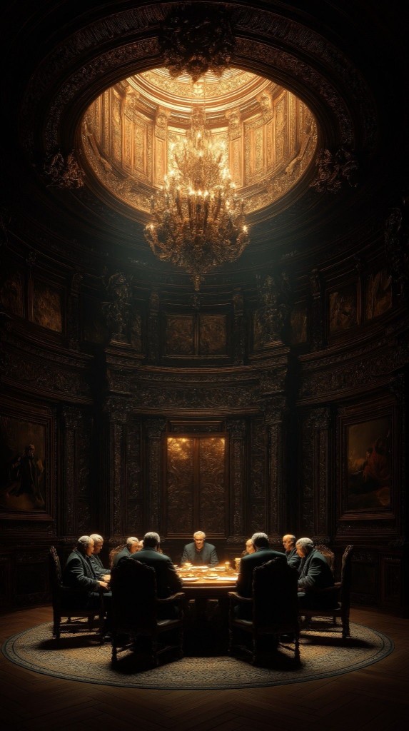 Игроки за круглым столом в атмосферном зале